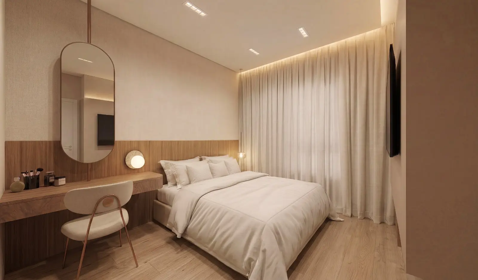 Quarto de casal em tons creme, com cabeceira de madeira, penteadeira suspensa e espelho oval